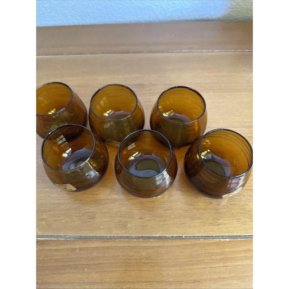 Vtg MCM Spanish Glass Decanter 6 Roly Poly Tumblers Cordial Set Rosettes Amber‎